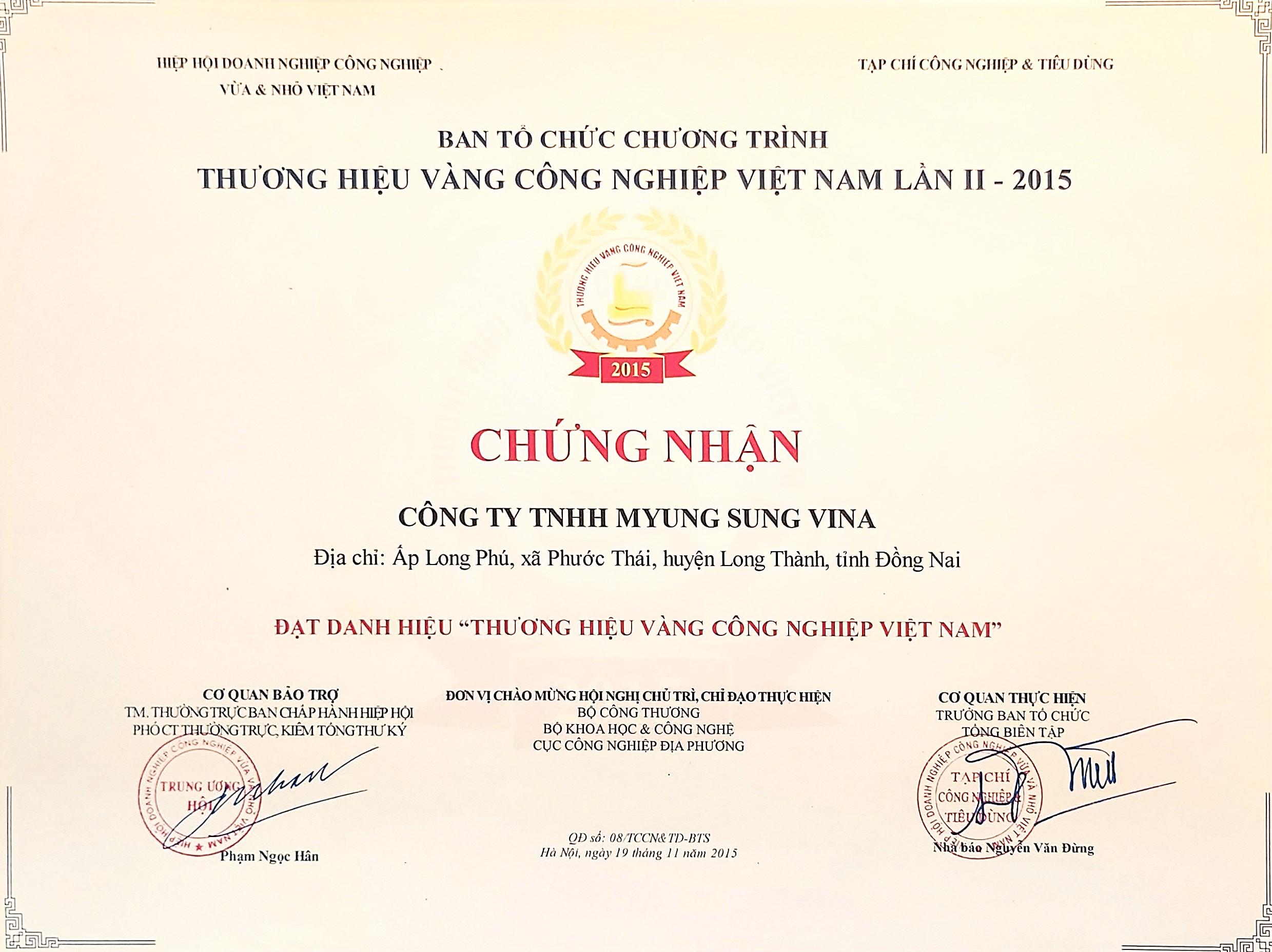 Myung Sung Vina, Brand Awards 2015